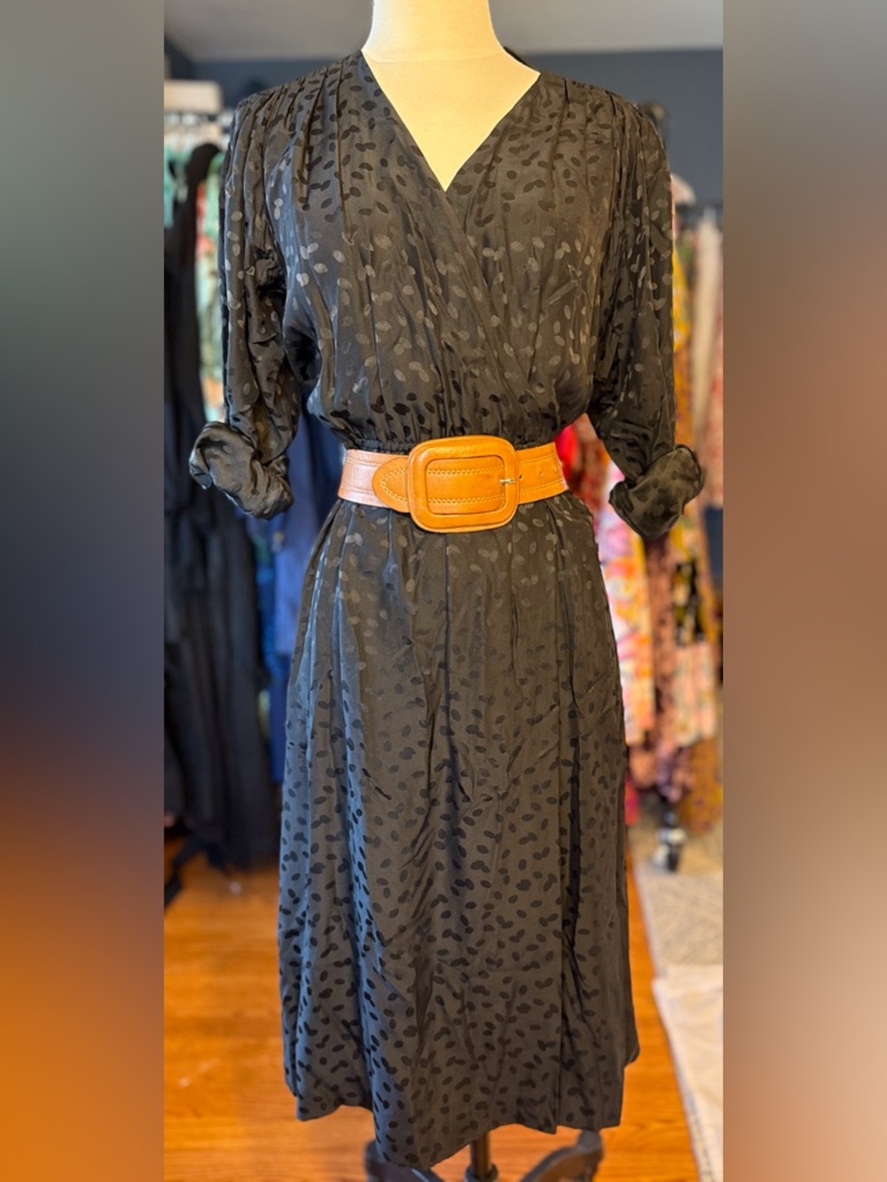 MICHELLE STUART Black Silk Vintage Faux Wrap Dress
